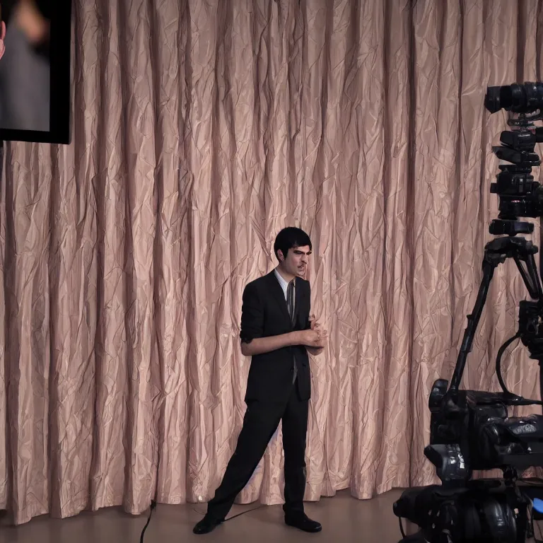 Image similar to focused dslr photograph of nathan fielder from nathan for you on comedy central controlling a puppet version of himself filmed by a tv crew on a stage with a red curtain, meta, fractal, trippy, high detail!!! 8 k, photorealism, sharp focus, volumetric lighting, coherent!!! art directed, rule of thirds, face