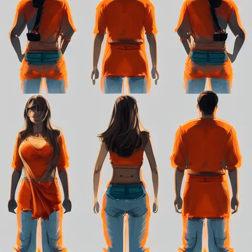 Image similar to man in orange t - shirt hugging girl, vivid colors, character sheet, fine details, concept design, contrast, kim jung gi, greg rutkowski, trending on artstation, 8 k, full body, turnaround, front view, back view, ultra wide angle