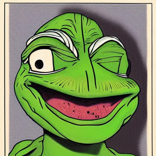 Image similar to pepe the frog by glenn fabry, iridescent - h 6 4 0