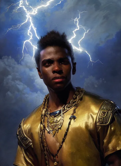 Image similar to young black man, god of lightning, powerful, smug expression, highly detailed painting by gaston bussiere, craig mullins, j. c. leyendecker 8 k, sparkling storm clouds