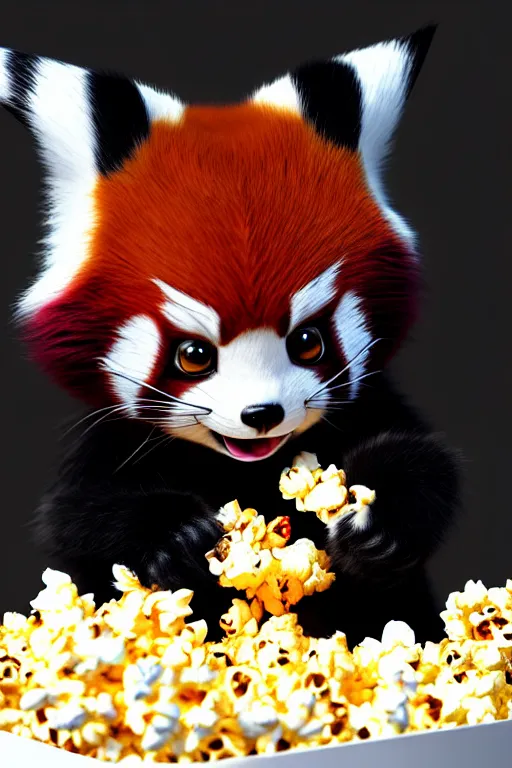 Prompt: high quality 3 d render hyperrealist very cute gothic happy red panda & cat hybrid eating popcorn, vray smooth, detective pikachu, very dramatic light, low angle, uhd 8 k, shallow depth or field