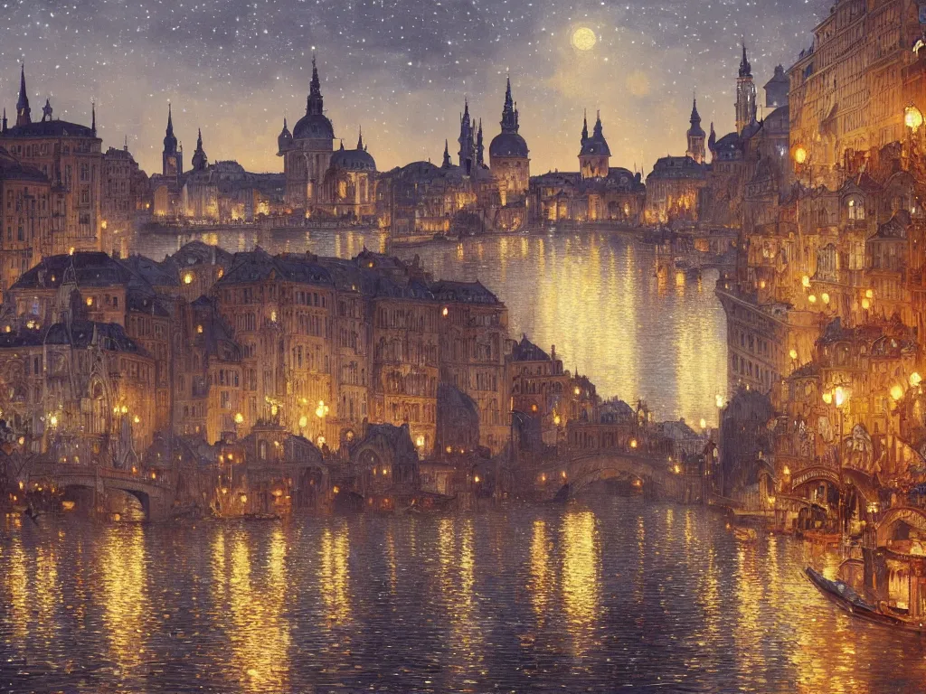 Image similar to a view from the river of a city resembling prague, paris, and venice at night with the sky full of stars, intricate, elegant, highly detailed, digital painting, artstation, concept art, smooth, sharp focus, colored illustration for tattoo, art by krenz cushart and artem demura and alphonse mucha,