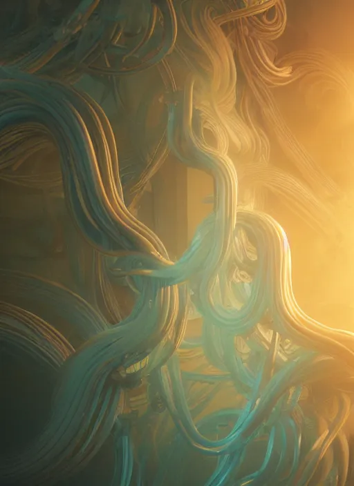 Prompt: subsurface scattering, translucent, medusa made of soft wax, cgsociety, wooden art nouveau swirls, colored smoke, gold cables, neurons, nuclear, in the style of ruan jia and beeple and giger, mystical colors, back light, rim light, dramatic lighting, 8 k, stunning scene, raytracing, octane render