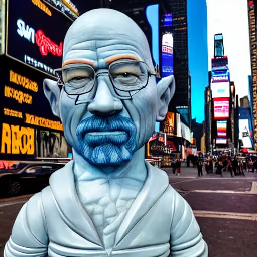 Image similar to a photograph of a very detailed renaissance sculpture of walter white as a smurf in times square, made by michelangelo, from the distance, hyper detailed, sharp focus, 8 k resolution, ray tracing