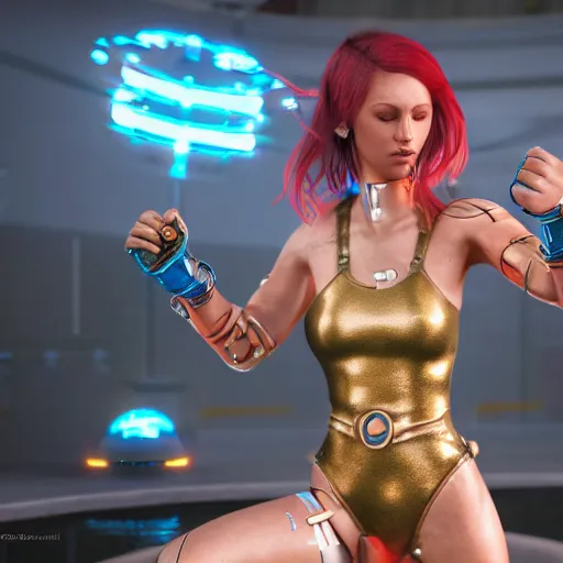 Prompt: arcade female fighter, wearing metallic swimsuit, cyborg, mechanical, fight scene, unreal engine, game character, digital art, octane render, photorealistic intricate detailed