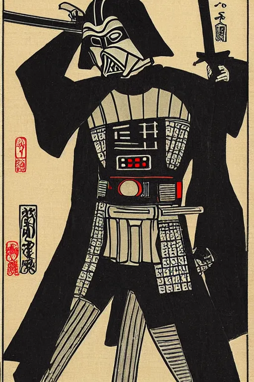 Image similar to Japanese woodblock print of Darth Vader holding a samurai sword , Hokusai