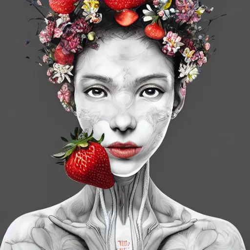 Image similar to the portrait of an absurdly beautiful, graceful, elegant, sophisticated, fashionable woman made of strawberries and white petals looking down, an ultrafine hyperdetailed illustration by kim jung gi, irakli nadar, intricate linework, bright colors, octopath traveler, final fantasy, unreal engine 5 highly rendered, global illumination, radiant light, detailed and intricate environment