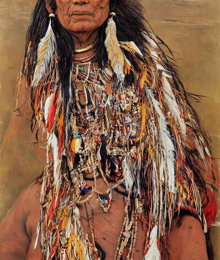 Image similar to full body shot picture of indigenous people woman leader in canyon, painted by lucian freud, intricate costume design, beautiful feathers, hd, super detailed, realistic, muted colors