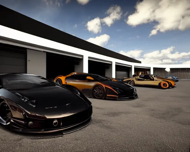 Image similar to luxury car garage, black gold aesthetic, forza horizons 5