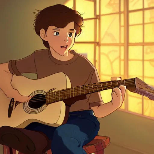 Prompt: teen boy with light brown hair and brown eyes, playing acoustic guitar, natural lighting, path traced, highly detailed, high quality, cartoon, digital painting, by don bluth and ross tran and studio ghibli and alphonse mucha