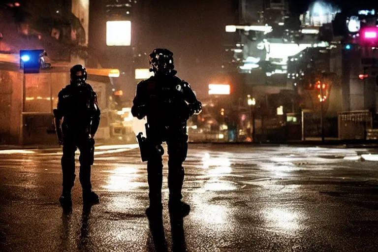 Image similar to cinematography ai robot rights standoff with police, sci-fi future city street at night. Emmanuel Lubezki