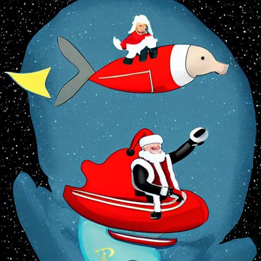 Prompt: santa riding a dolphine with a spacesuit on