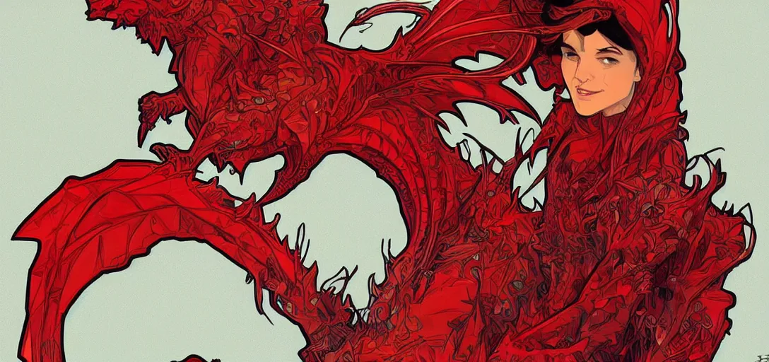 Image similar to portrait anthropomorphic dragon wearing red clothes the graphic style of Patrick Gleason, alphonse mucha detailed art, trending on Artstation, sharp focus, comic art