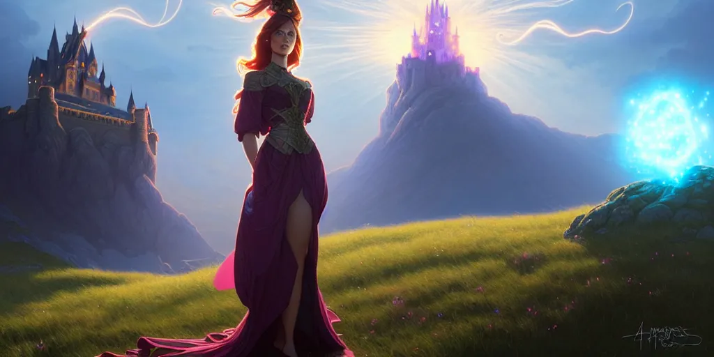 Image similar to a portrait of a fantasy female magician surrounded by magical particles stands on a hill. in the background on another hill stands a castle with mountains in the background, filled with magic, highly detailed, digital painting, artstation, smooth, sharp focus, illustration, art by artgerm and greg rutkowski and alphonse mucha