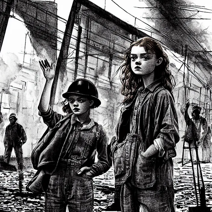 Image similar to sadie sink in dirty workmen clothes waves goodbye to workmen. background : factory, dirty, polluted. technique : black and white pencil and ink. by gabriel hardman, joe alves, chris bonura. cinematic atmosphere, detailed and intricate, perfect anatomy