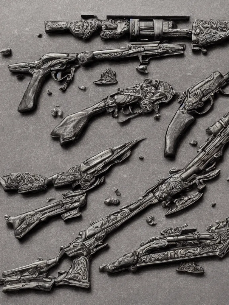 Prompt: carving in old worn black granite of machine guns shotguns rifles revolvers bullets, magazine cover, ultrarealistic, intricate details, 4k