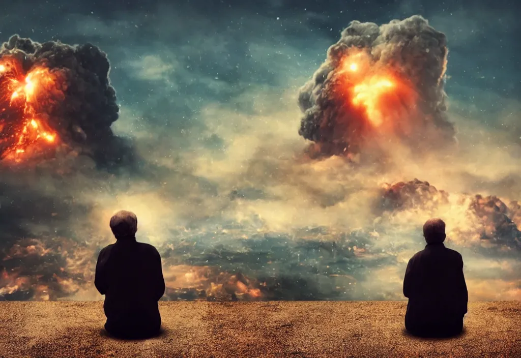 Image similar to old man sitting with black cat watching nuke explosion close up shot from behind, cinematic movie close up shot from behind, background blur bokeh, world ending nuke, 4 k