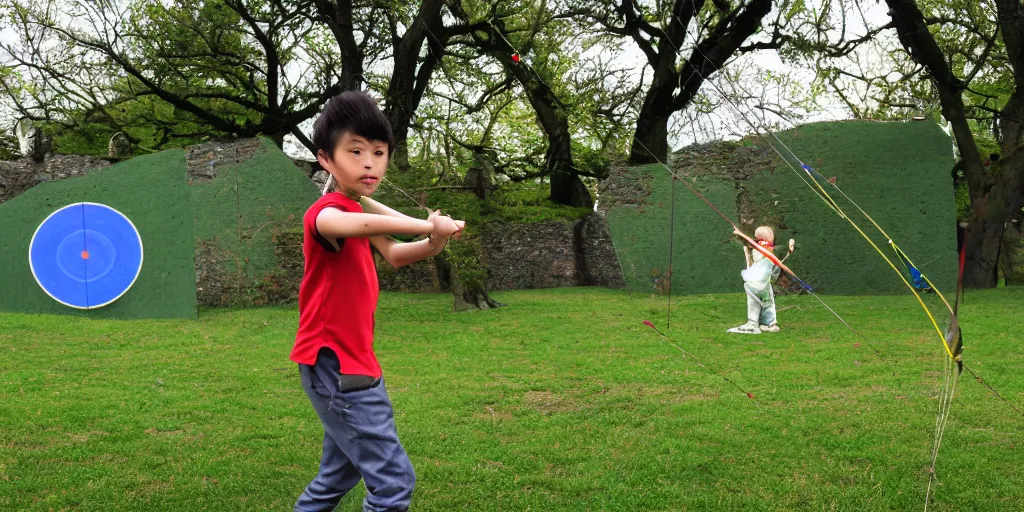 Image similar to a young boy practicing archery in the backyard of a castle, digital art, vivid colors, flat colors, cinematic, wide angle, made by chiho aoshima, trending on artstation, detailed