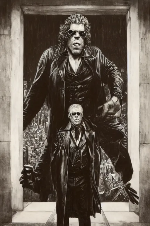 Prompt: full length portrait of ron perlman as a huge tall hulking marvel gangster wearing a leather trench coat standing on street new york, by lawrence alma tadema and zdzislaw beksinski and norman rockwell and jack kirby and tom lovell and greg staples and michael alford