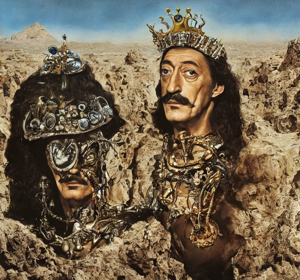 Image similar to portrait of salvador dali wearing a crown and costume with jewels in a dry rocky desert landscape, visible sky and sunny atmosphere, alien spaceship by giger, film still from the movie by alejandro jodorowsky with cinematogrophy of christopher doyle and art direction by hans giger, anamorphic lens, kodakchrome, very detailed photo, 8 k