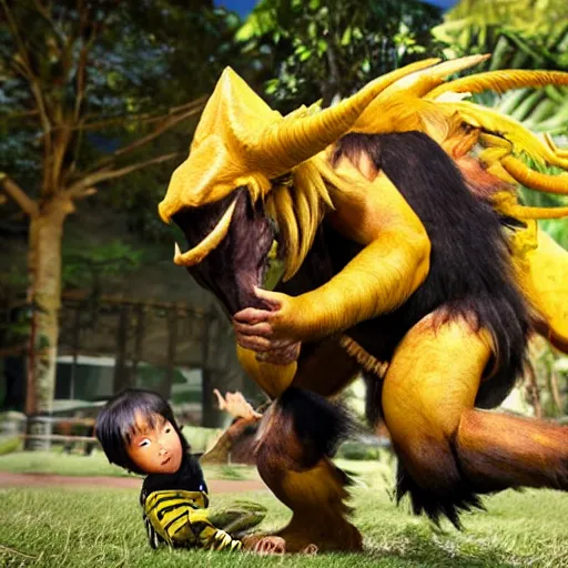 Prompt: Rajang stealing a child,