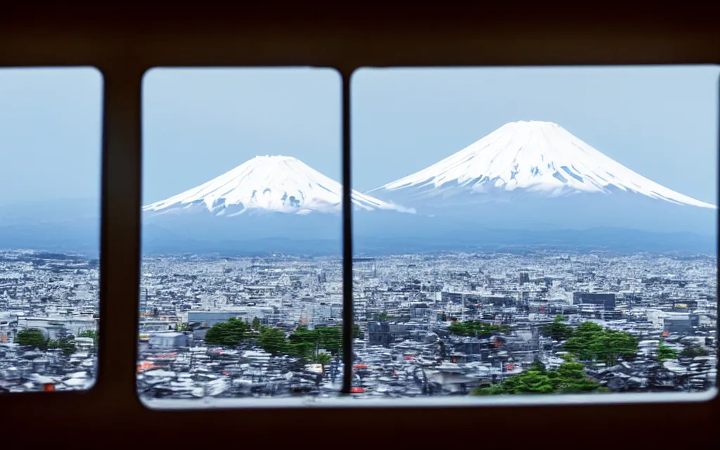 Image similar to a photo of mount fuji, among beautiful japanese landscapes, seen from a window of a train. dramatic lighting.