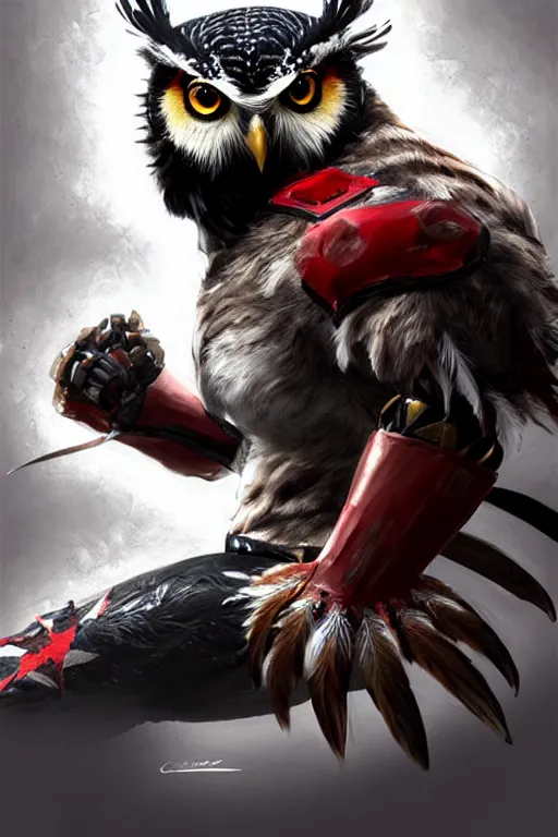 Image similar to Tekken 4 fighter anime Stunning Portrait Robot Owl with feathers all over its body, he salutes to the owl flag, short black feathers with a samurai sword on its back, in a saluting stance, digital painting, artstation, concept art, soft light, hdri, smooth, sharp focus, illustration, art by tian zi, craig mullins, Mark Arian, WLOP, alphonse mucha