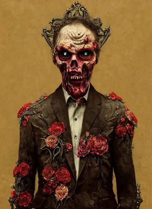 Image similar to a beautifully rendered portrait of an upright and fed up intricately hand - carved zombie wearing a floral embroidered blazer, by gerald brim and tom bagshaw and beksinski, trending on artstation, 8 k, full subject in frame, upright