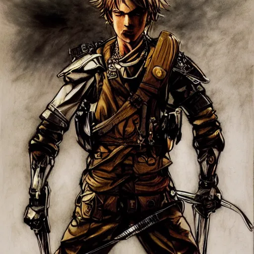 Image similar to portrait of a young white hero using his right arm to hold his sword covering his eye by yoji shinkawa, high quality, extra details, realism, ornate, colored, golden chain, blood, white skin, short hair, brown eyes, vivid, sunlight, dynamic, american man, freedom, white american soldier, pencil drawing, cybernetics, military