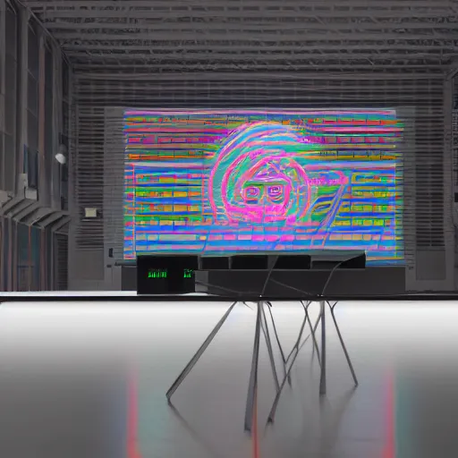 Image similar to A giant computer with Aphex Twin logo, neon black light lit, by Emiliano Ponzi, by Chris Ware, neogeo, criterion collection, concept art, hyper realism, unreal engine