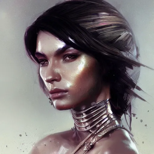 Prompt: a beautiful portrait of a chrome goddess by greg rutkowski and raymond swanland, trending on artstation, ultra realistic digital art