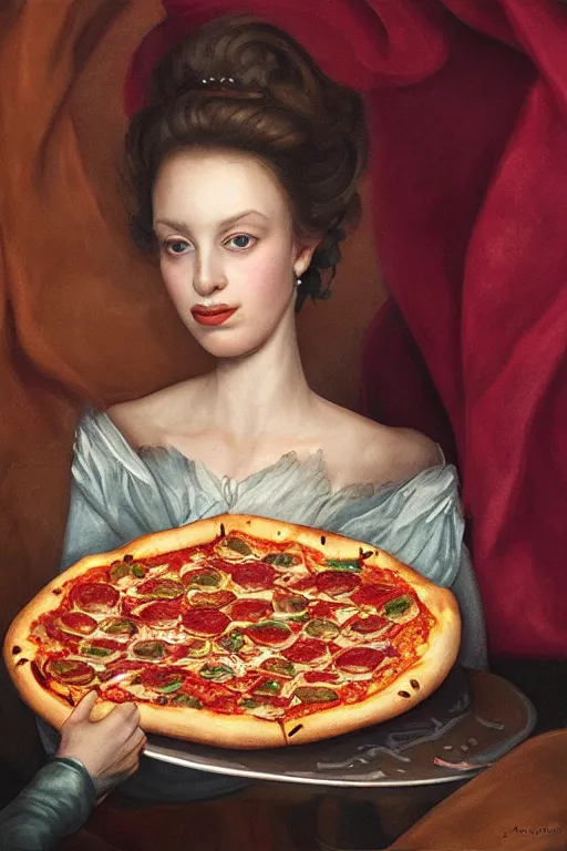 Image similar to a highly detailed queen margherita ( savoy ) eating!!! a pizza! margherita, full body, detailed painting by arturo faldi, trending on deviantart, octane, masterpiece