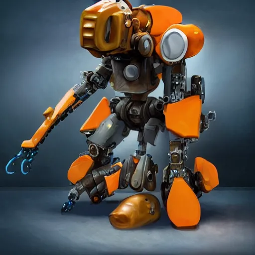 Image similar to a goldfish in the head of a mech suit,