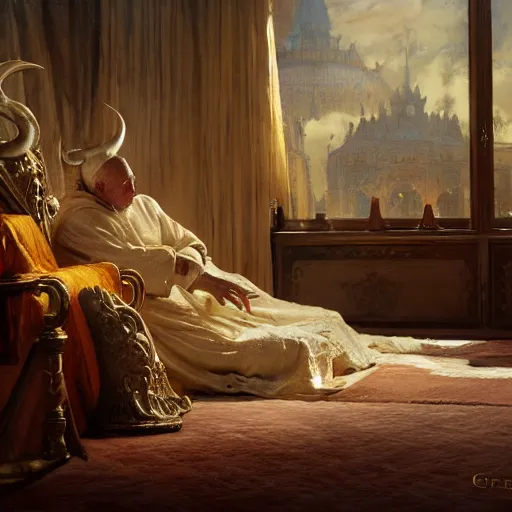 Image similar to the pope is in his bed, scared, because a horned demon is attacking the pope. highly detailed painting by gaston bussiere, greg rutkowski, craig mullins 8 k