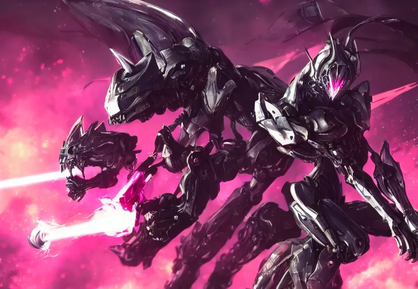 Image similar to epic cinematic shot of stunning beautiful anthropomorphic mecha female dragon fighting in the apocalypse with laser rifle, has silver armor and fuchsia skin, warframe fanart, terminator art, epic scale, furaffinity, deviantart, octane