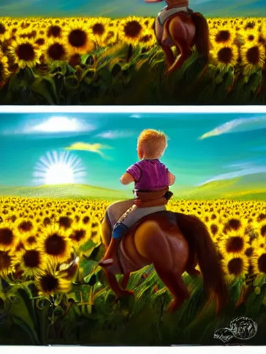 Image similar to a small happy todler, riding a horse in a sunflower field, a giant sun in the background. intricate, elegant, highly detailed, digital painting, artstation, concept art, sharp focus, illustration, by justin gerard and artgerm, 8 k