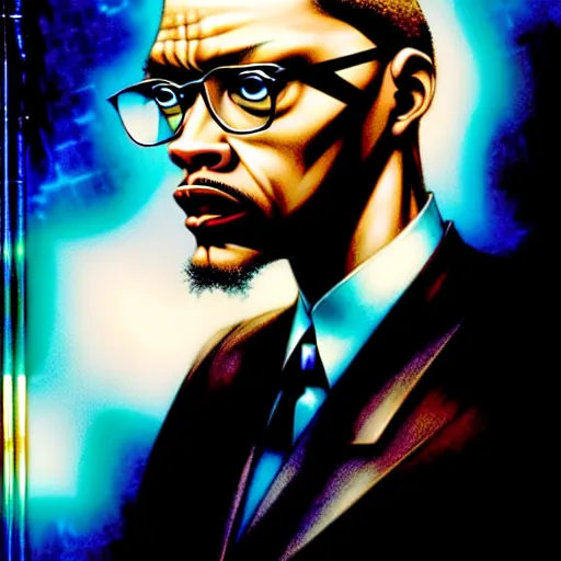 Image similar to uhd photorealistic portrait of albino malcom x, by amano, ayami kojima, greg rutkowski, lisa frank, mark brooks, and karol bak, masterpiece, cinematic composition, dramatic pose, studio lighting, correct face, hyperdetailed, intricate details