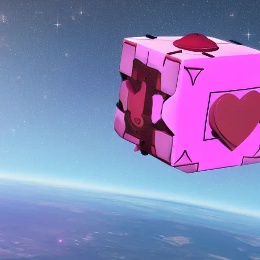 Image similar to the companion cube with the pink heart, floating in space, with destroyed satellite debris, ZBrush, Maya, Unreal Engine