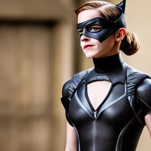 Prompt: Emma Watson as Catwoman, XF IQ4, f/1.4, ISO 200, 1/160s, Sense of Depth, AI enhanced, HDR, in-frame