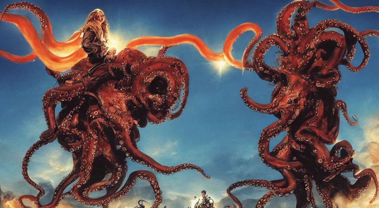 Prompt: an octopus riding a horse leading the charge, epic, John Carpenter