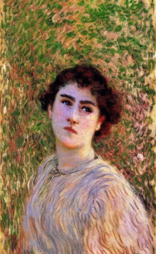 Image similar to portrait by claude monet!! of a woman!! looking at us, brown short hair, slight blush on face! forest!!!