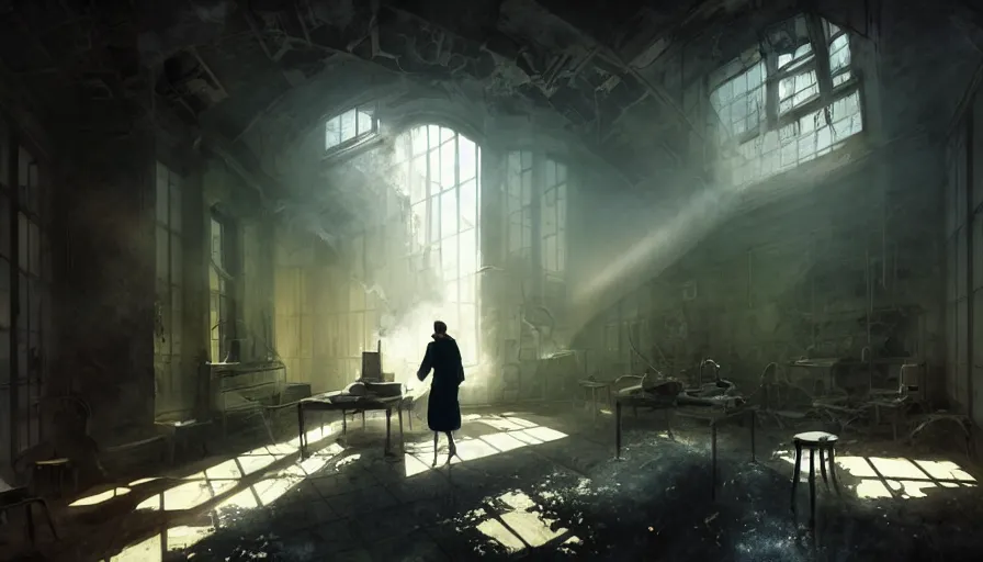 Image similar to high tech nomands exploring abandoned laboratory from early xx century, light, shadows, reflections, steam, epic composition, intricate, elegant, volumetric lighting, digital painting, highly detailed, artstation, sharp focus, illustration, concept art, ruan jia, steve mccurry