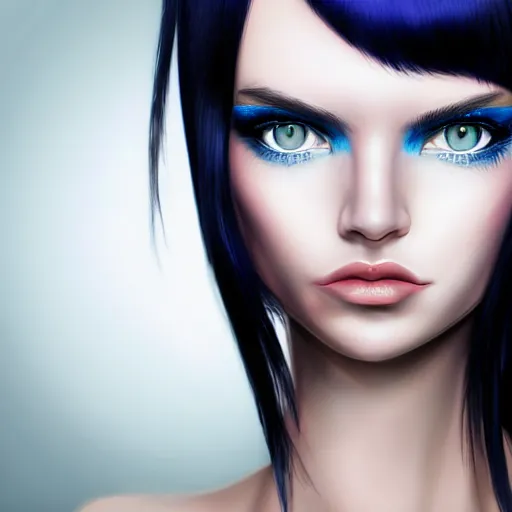 Image similar to photorealistic portrait of beautiful monster girl, black hair, blue eyes, smooth face, glowing skin, detailed face, sharp focus
