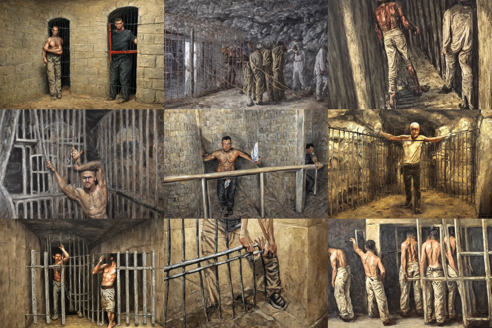 Image similar to ultra wide full length painting of a prisoner holding prison bars, cave prison, highly detailed, high resolution, oil in canvas