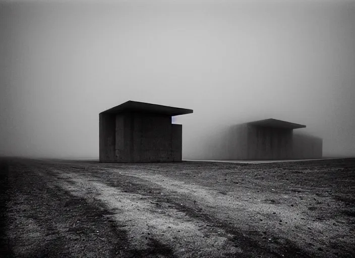 Prompt: high resolution black and white photography with a 3 5 mm f / 2 2. 0 lens of brutalist architectural buildings in belarus in the middle of nowhere in the 1 9 8 0 s, there is fog. fine art photography and very detailed