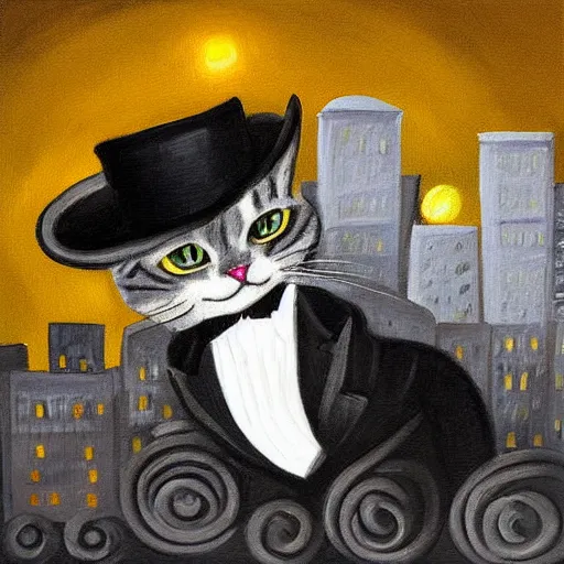 Prompt: grey tabby cat wearing a tuxedo and top hat magical realism detailed painting with background of city lights at night