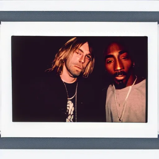 Image similar to Polaroid photograph of Kurt Cobain and Tupac Shakur in a club, blurry, XF IQ4, 150MP, 50mm, F1.4, ISO 200, 1/160s, natural light, Adobe Lightroom, photolab, Affinity Photo, PhotoDirector 365,