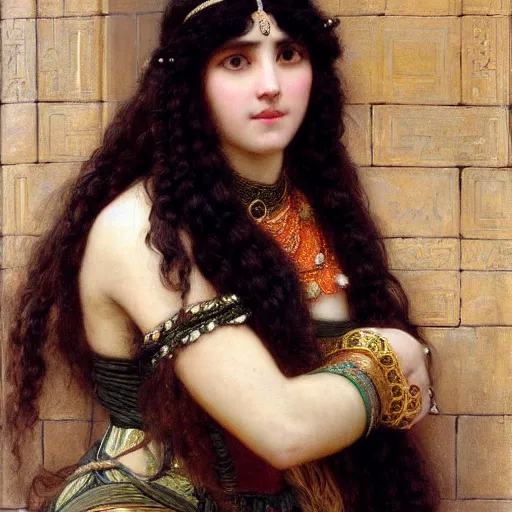 Prompt: orientalist portrait of a mesopotamian woman with thick black bangs and curls wearing an ornate dress sitting outside sandstone ruins intricate artwork by john william waterhouse and Edwin Longsden Long and Theodore Ralli and Henryk Siemiradzki. trending on artstation, very coherent symmetrical artwork high detail 8k