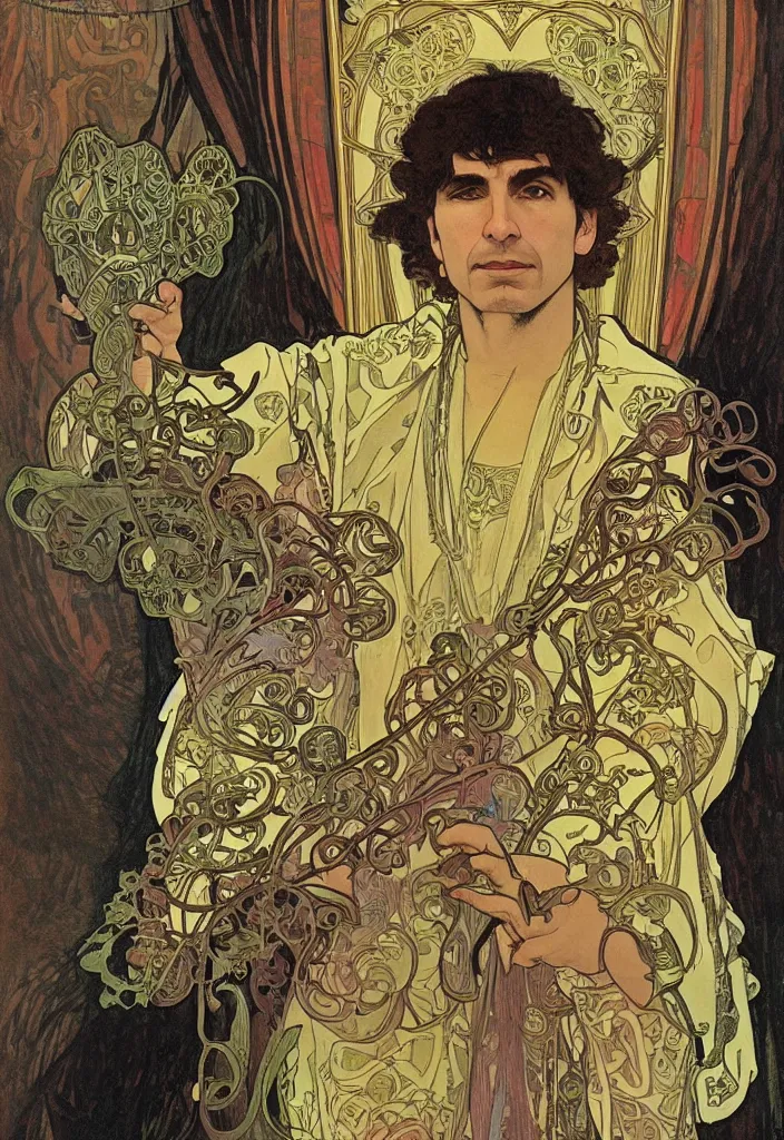 Image similar to Yoshua Bengio as the emperor on a tarot card, tarot in art style by Alphonse Mucha