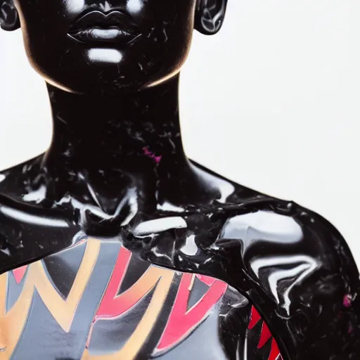 Image similar to close up portrait of extremely beautiful female black marble statue in the style of virgil abloh, colorful motocross logos behind her, sharp focus, clear, detailed,, cinematic, detailed, off white, glamourous, symmetrical, vogue, editorial, fashion, magazine shoot, glossy